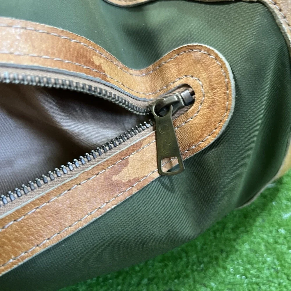 Vintage Waxed Canvas Weekender‎ Duffle Bag Olive Drab Brown Leather Western 70s